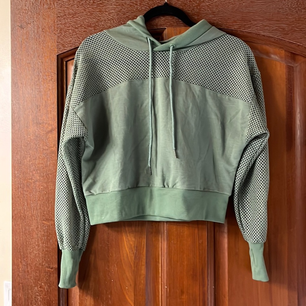 Cropped Green Mesh-Panel Hoodie - Women